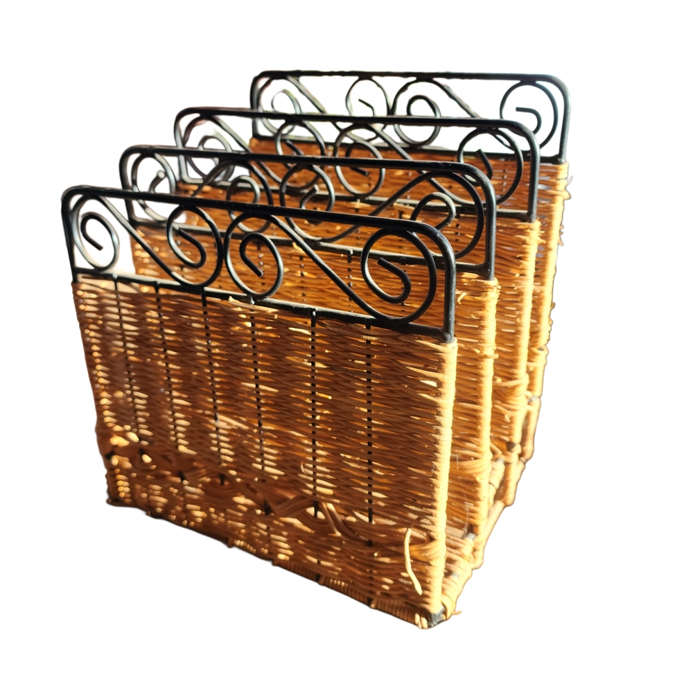 Wicker and Black Metal Magazine Rack
